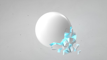 Fractured white sphere with blue glow