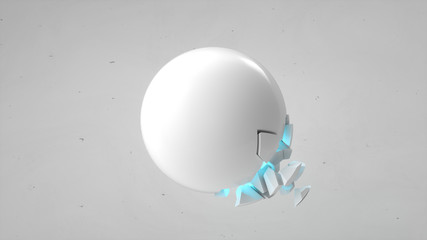 Fractured white sphere with blue glow