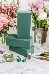 Florist workplace: flowers and accessories.