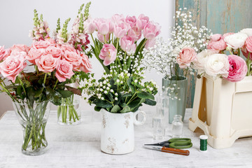 Florist workplace: flowers and accessories.