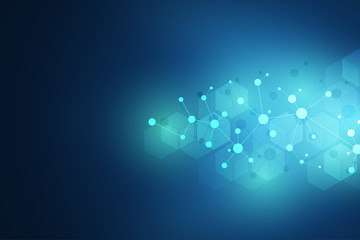 Molecular structure background and communication. Abstract background with molecule DNA and neural network. Artificial intelligence. Science and technology concept with connected lines and dots.