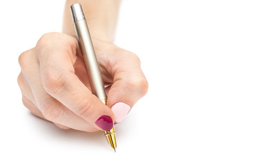 Woman's hand writing with pen on white background.
