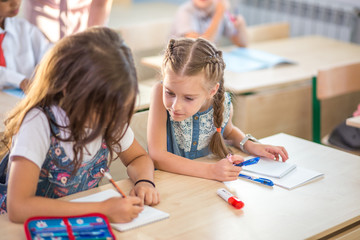 education, learning, homework concept - schoolchild girl writing school test