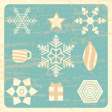 Vintage illustration. Snowflakes, mug, gift box, star, Christmas toy. Grunge texture. Ivory elements, muted blue background, frame