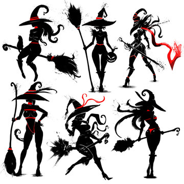 A group of beautiful witches in different poses