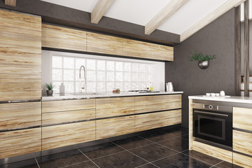 Modern wooden kitchen interior 3d rendering