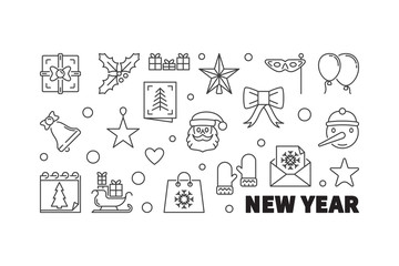 New Year outline horizontal illustration - vector banner