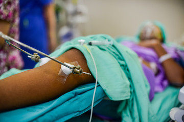 Patient with broken leg and treatment at ward in the hospital.