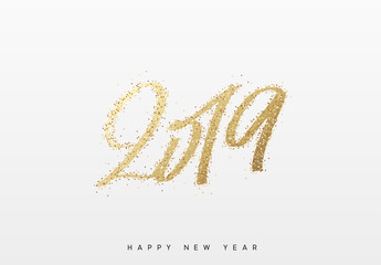 2019 New Year. Text golden with bright sparkles.