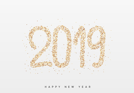 2019 New Year. Text golden with bright sparkles.