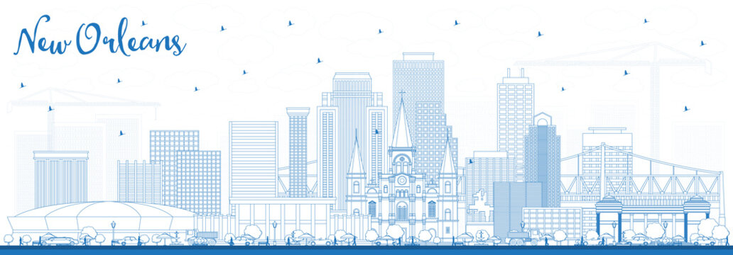Outline New Orleans Louisiana City Skyline with Blue Buildings.