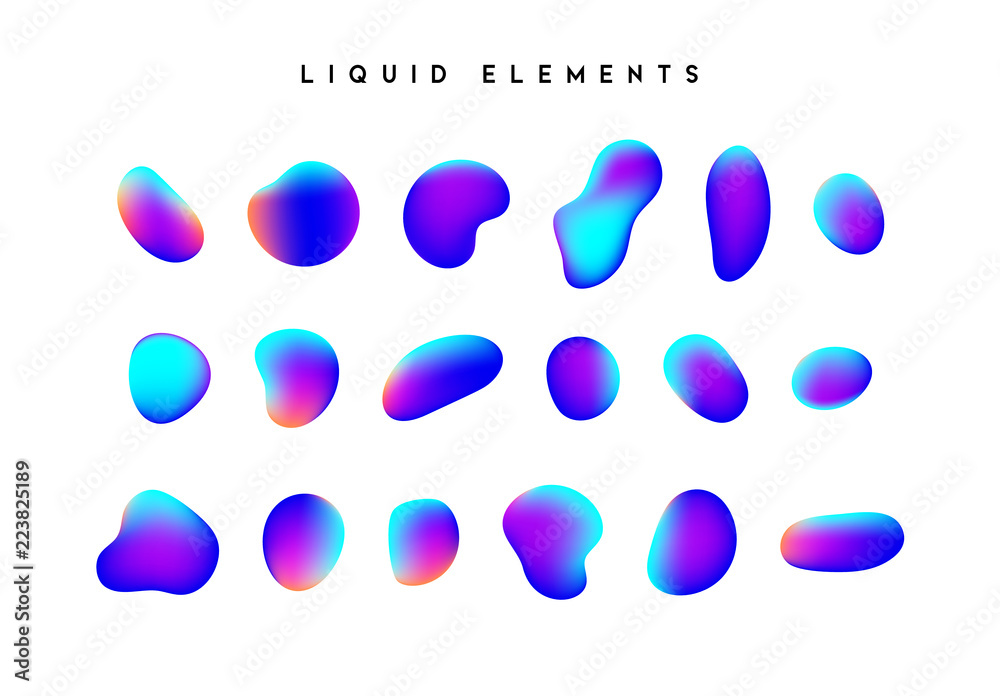 Wall mural gradient iridescent shapes. set isolated liquid elements of holographic chameleon design palette of 