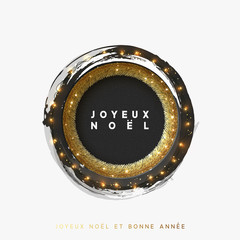 French text Joyeux Noel. Christmas greeting illustration. Round hole, black abstract frame, with bright light golden garlands. Xmas Background, vector cards