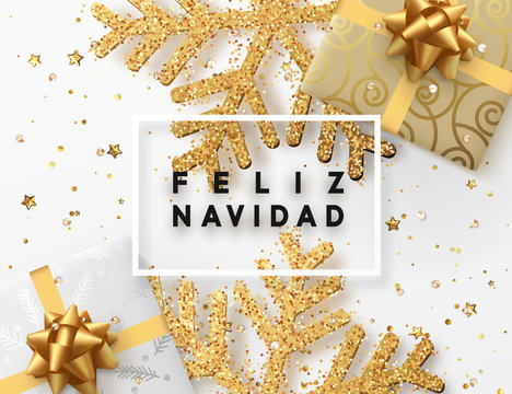 Spanish lettering Feliz Navidad. Christmas background with gifts box and shining golden snowflakes. Xmas Greeting card. Vector Illustration.