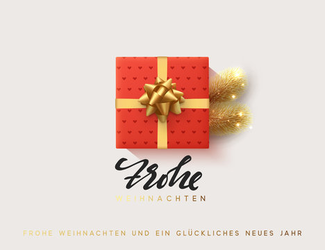 German text Frohe Weihnachten, Vector illustration letttering Merry Christmas, gift box closed wrapped ribbon with bow. Xmas greeting card, banner, poster.