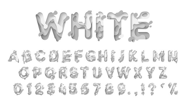 Alphabet colors white. Paper cut letter. Fluid typeface, texture style papercut. Design 3d sign isolated on white background. Alphabet font of melting liquid.