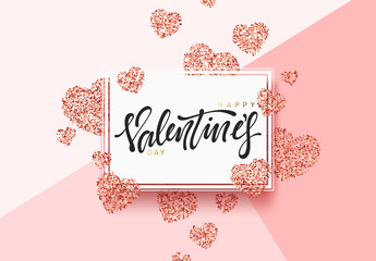Happy Valentines Day lettering greeting card on red bright heart background. Festive banner and poster. - obrazy, fototapety, plakaty