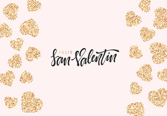 Spanish lettering Feliz San Valentin, greeting card on golden bright heart, on pink background. Holiday banner and poster.