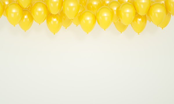 Birthday a lot of yellow balloons on white background, 3d render