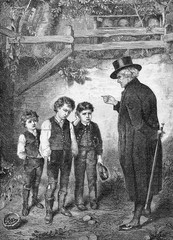Fototapeta na wymiar small thieves, old pastor scolds little kids for stealing cherries in orchard, vintage print