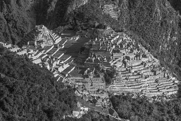 View of the Lost Incan City of Machu Picchu near Cusco, Peru. Machu Picchu is a Peruvian Historical Sanctuary and a UNESCO World Heritage Site. Machu Picchu is located in the Cusco Region in Peru.