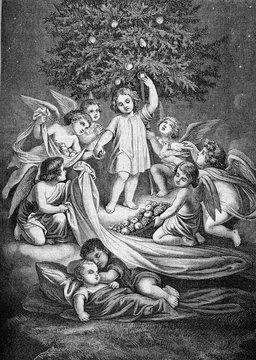 Christmas tree and Jesus child with angels, vintage engraving