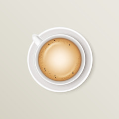 Beverage cappuccino in a white ceramic mug on a round saucer on light background. Realistic vector illustration
