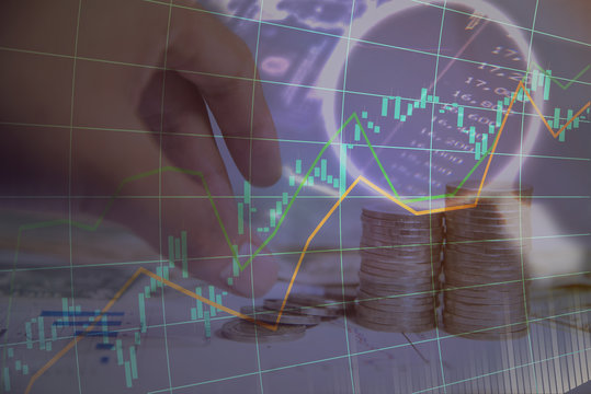 Double exposure of investment on stock market or forex trading in graphick design