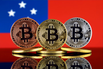 Physical version of Bitcoin (BTC) and Samoa Flag. Conceptual image for investors in High Technology...
