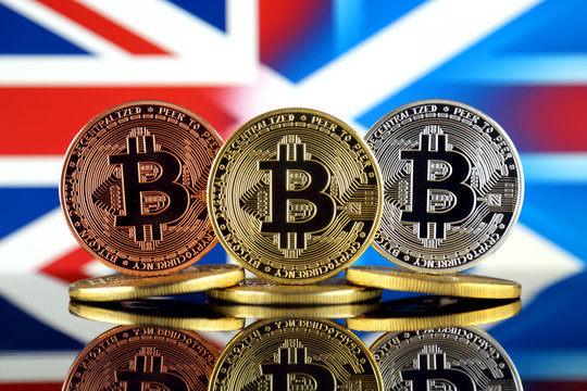 Physical version of Bitcoin (BTC), United Kingdom and Scotland Flag. Conceptual image for investors in High Technology (Cryptocurrency, Blockchain Technology, Smart Contracts, ICO).
