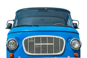 Obraz na płótnie Canvas Old blue car with round headlights, front view, isolated on white background.