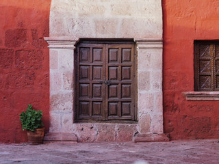 Wooden door in Santa Catalina Monastery in Arequipa, Peru