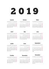 2019 year simple calendar on french language, a4 vertical sheet isolated on white