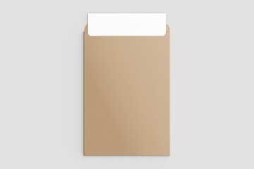 Recycled paper C4 envelope mock up isolated on soft gray background. 3D illustration