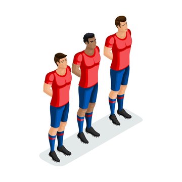 Isometric players football stand out, men of different races in one team. Football match, set 2