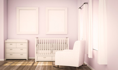 two blank posters mockup on pink baby room