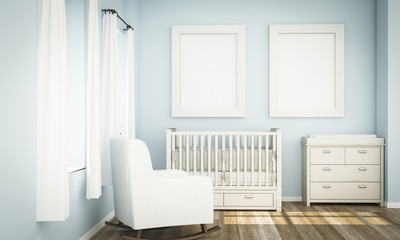 Fototapeta na wymiar two white frames mockup on blue baby room
