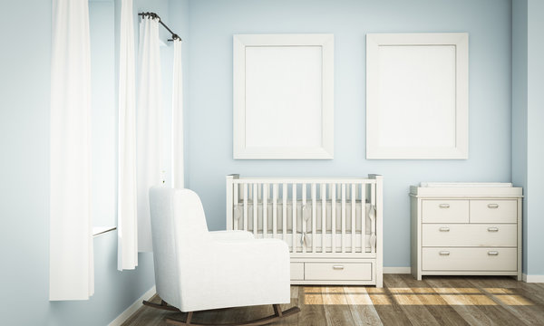 Two White Frames Mockup On Blue Baby Room