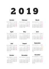 Calendar on 2019 year with week starting from monday, A4 vertical sheet isolated on white