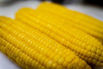 Three Fresh corn on white table, closeup.