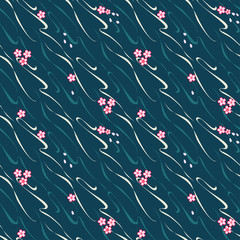 Sakura flowers and patel flowing in river water. Japanese style pattern.