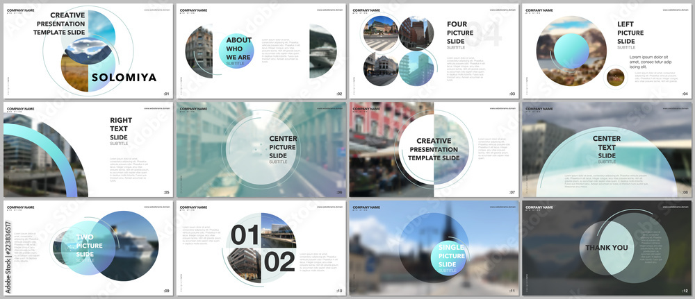 Sticker minimal presentations design, portfolio vector templates with circle elements on white background. m