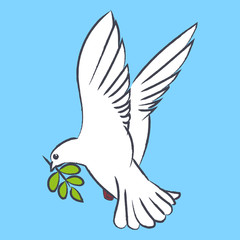 Vector silhouette of a flying dove with olive branch on a blue background