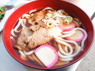 a bowl of udon noodles topped with sliced pork and KAMABOKO / Japanese Cuisine