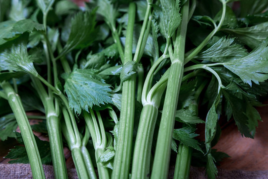 bunch of green celery lies on sacking
