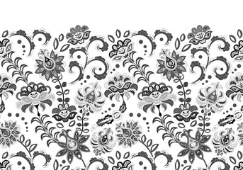 Handcrafted motifs - seamless floral border with stylized flowers. Horizontal vector fringe. White and black. Two colors print