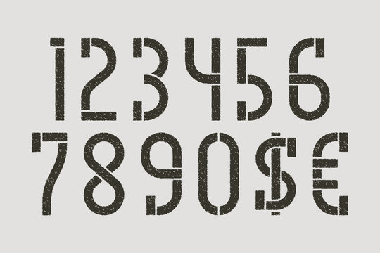 Army stylized stencil numbers with currency signs of dollar and euro.
