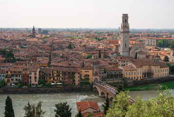 Fototapeta premium Panoramic cityscape of Verona, Veneto, Italy. View of the River Adige, Ponte Pietra Bridge, Complesso della Cattedrale-Duomo