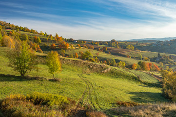 Fototapeta na wymiar Fall in Slovakia. Meadows and fields landscape near Hrinova. Autumn color trees at sunrise.