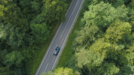 AERIAL: Tourist car drives along the empty asphalt road in the tranquil forest.